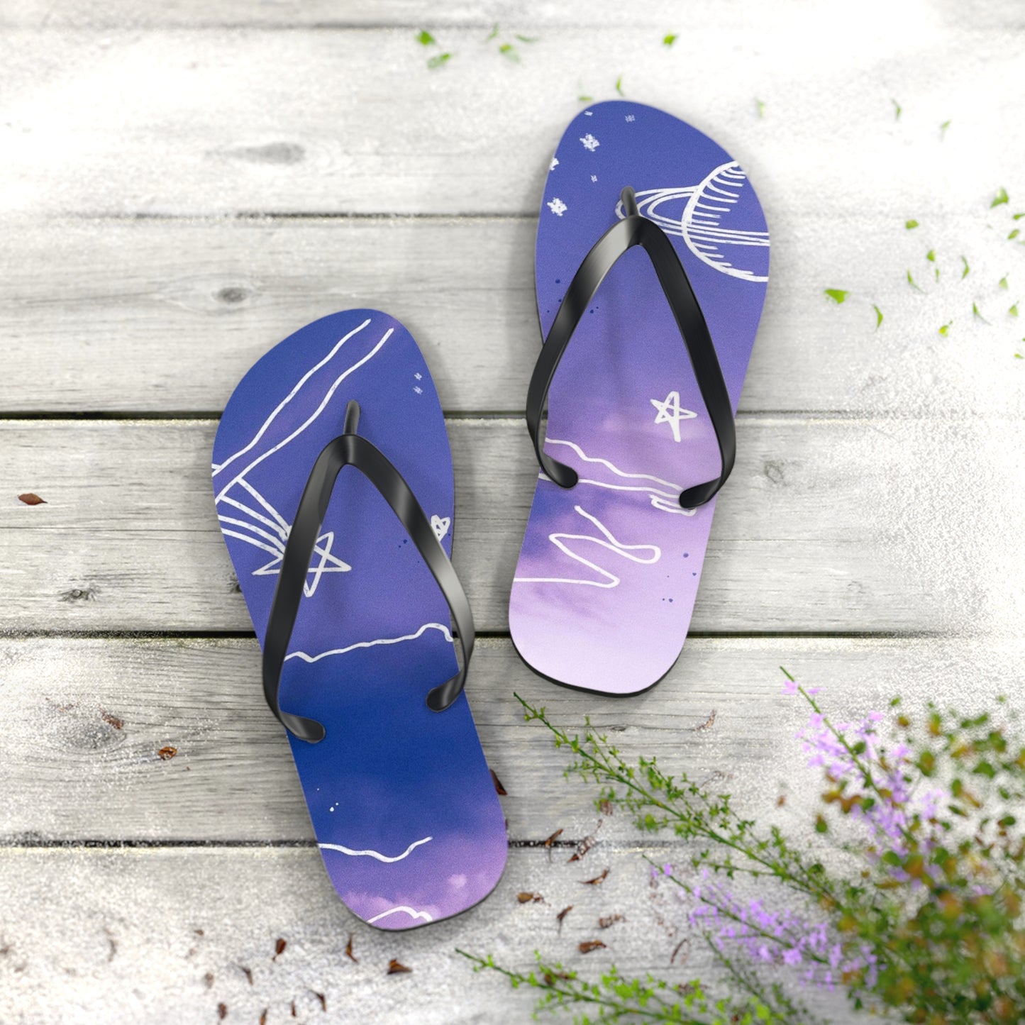 Celestial Doodle Flip Flops — Purple Star & Planet Beach Sandals