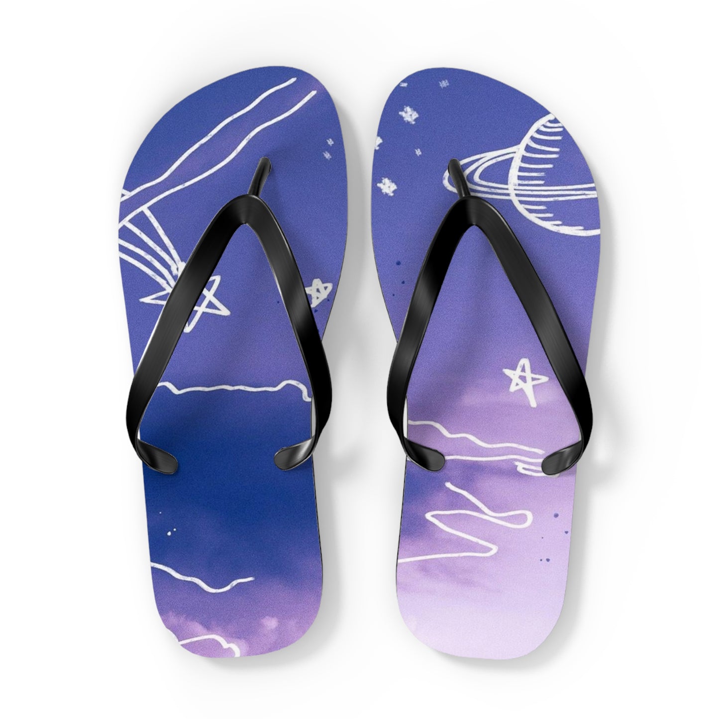 Celestial Doodle Flip Flops — Purple Star & Planet Beach Sandals