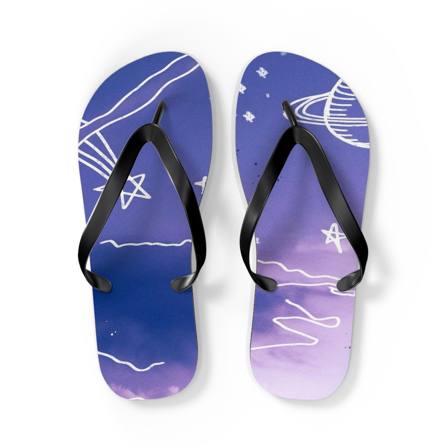 Celestial Doodle Flip Flops — Purple Star & Planet Beach Sandals