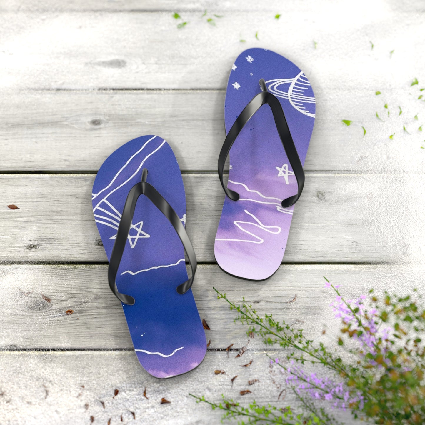 Celestial Doodle Flip Flops — Purple Star & Planet Beach Sandals