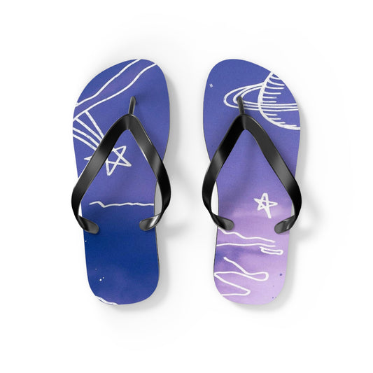 Celestial Doodle Flip Flops — Purple Star & Planet Beach Sandals