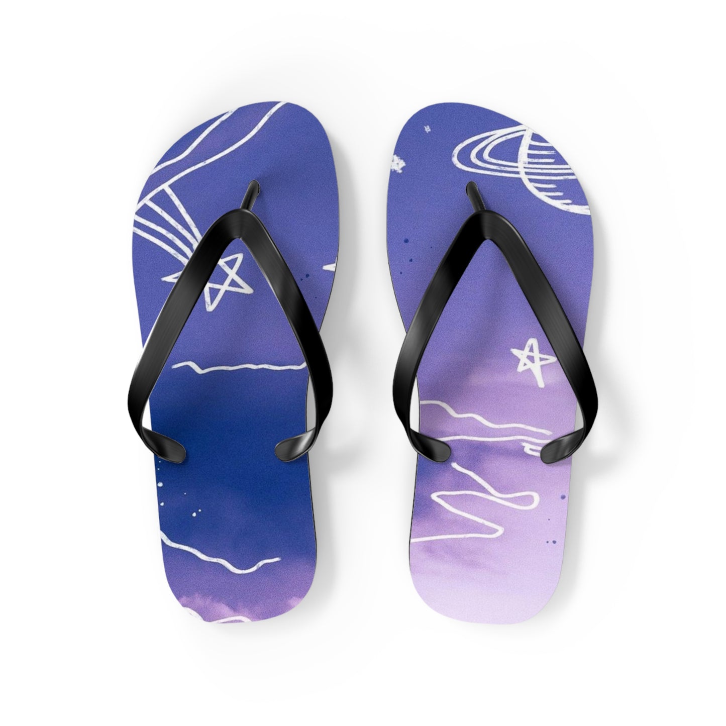 Celestial Doodle Flip Flops — Purple Star & Planet Beach Sandals
