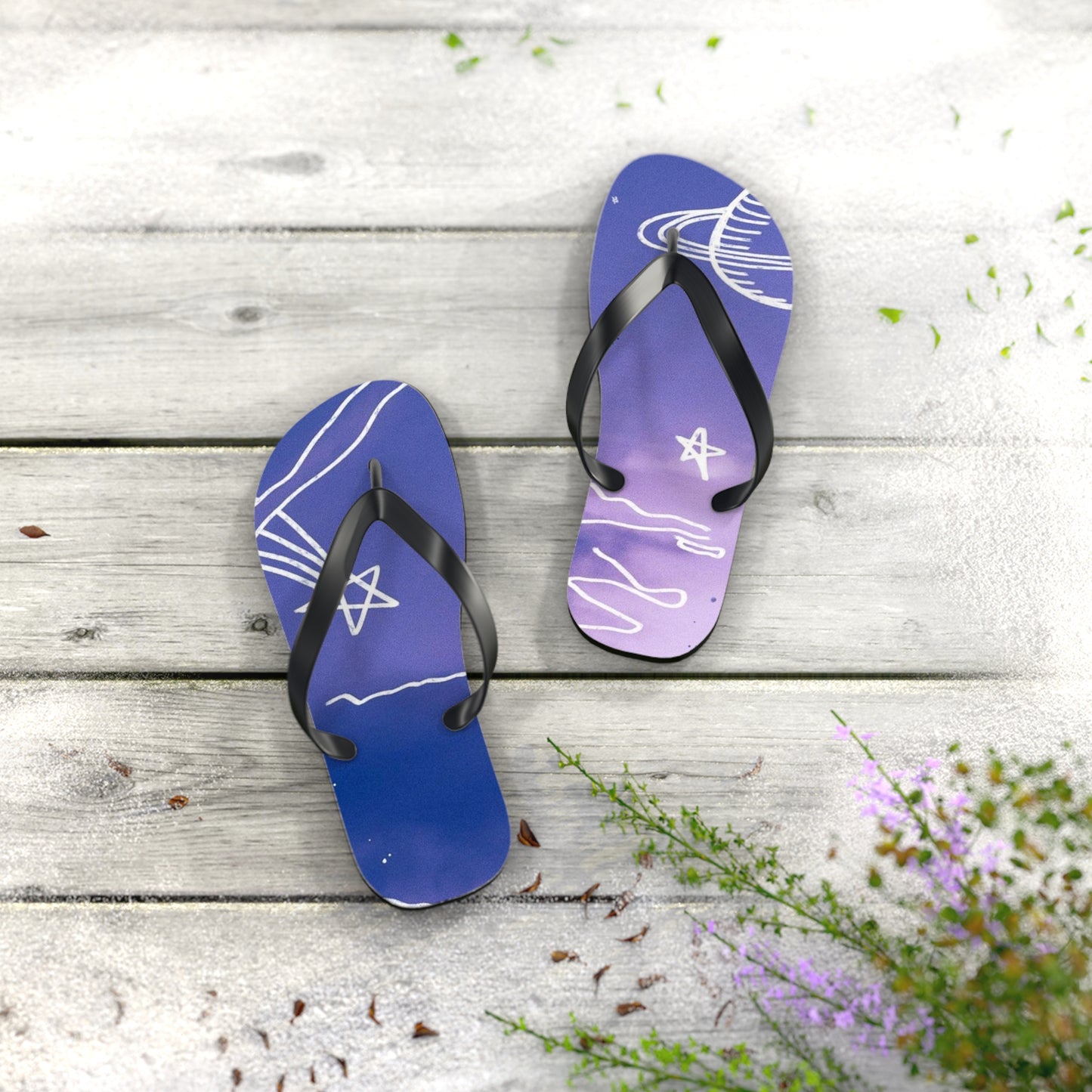 Celestial Doodle Flip Flops — Purple Star & Planet Beach Sandals